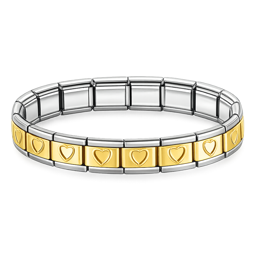 Brazalete de corazones dorado con bordes plateado