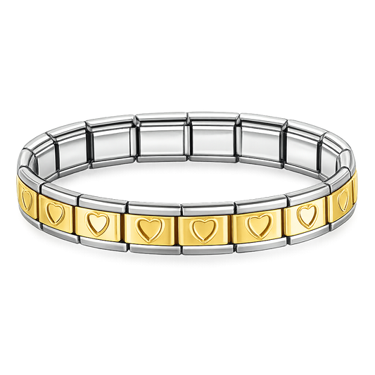 Brazalete de corazones dorado con bordes plateado
