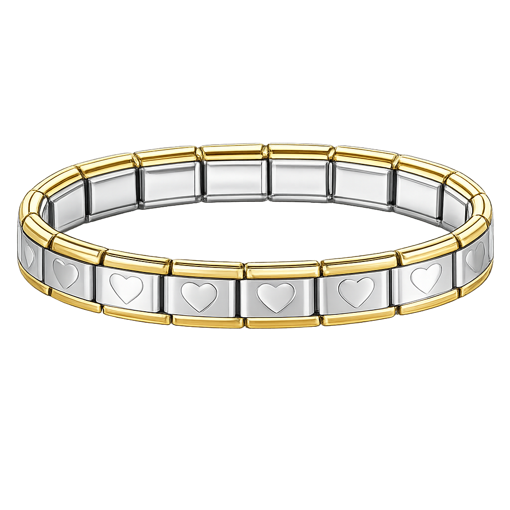 Brazalete de corazones plateado con bordes dorados