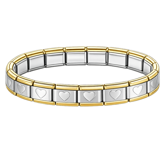 Brazalete de corazones plateado con bordes dorados